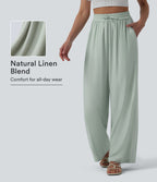 Pantalon casual large mélange lin taille haute avec cordon de serrage et poches