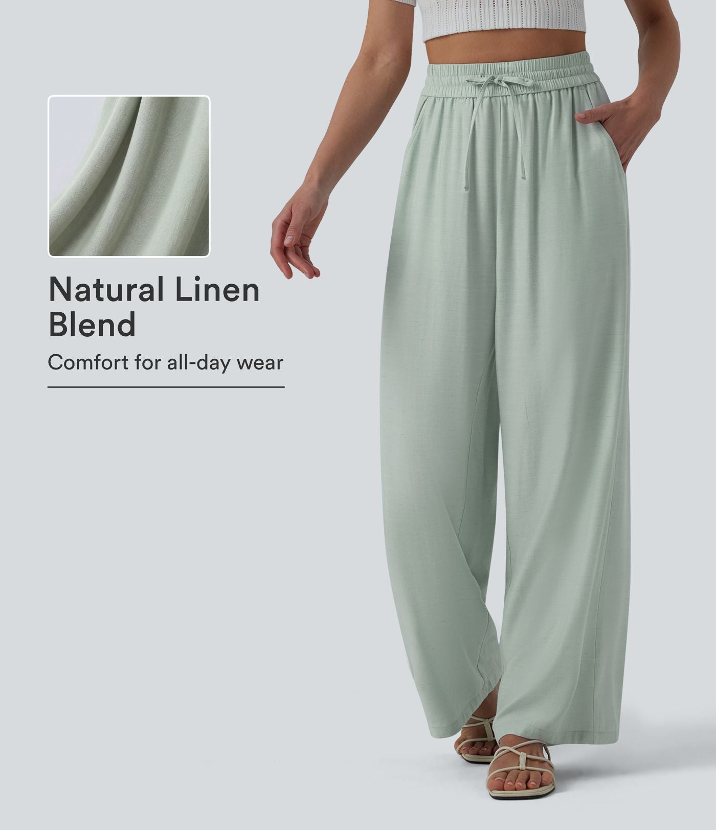 Pantalon casual large mélange lin taille haute avec cordon de serrage et poches