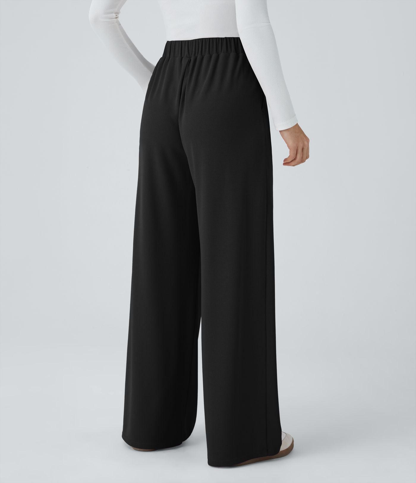 Pantalon taille haute décontracté large en maille gaufrée, avec poches