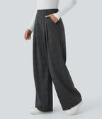 Pantalon taille haute décontracté large à carreaux, avec poches