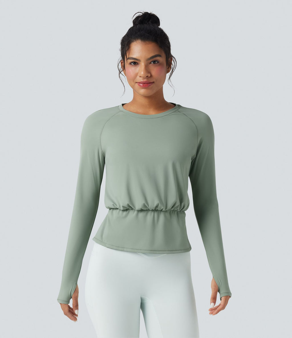 Haut de sport yoga SoftlyZero™ Airy col rond manches longues avec passe-pouces plissé effet frais InstantCool, protection solaire UPF50+