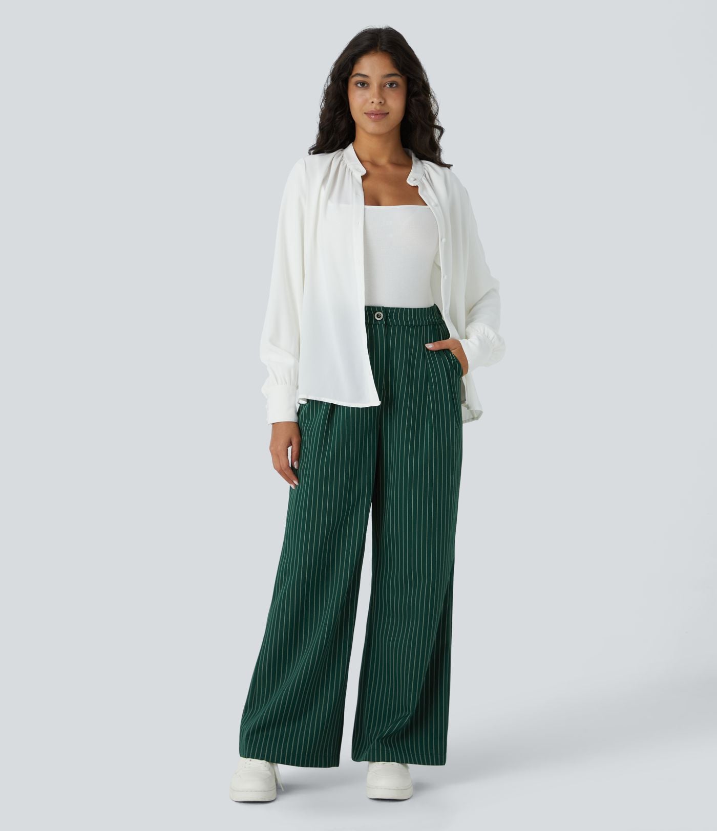 Pantalon Tailleur Large Fluide à Rayures, Taille Haute, Bouton et Fermeture Éclair, Poches Latérales