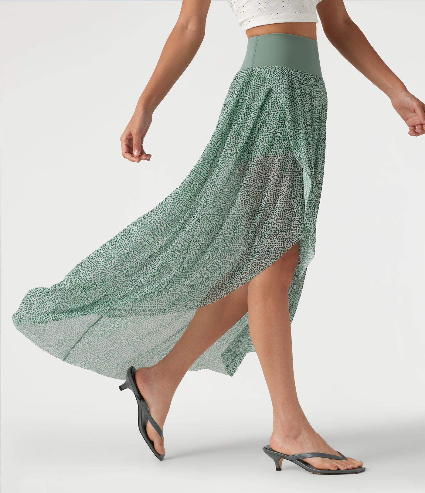 Jupe longue en mesh imprimé léopard taille haute asymétrique à volants 2 en 1