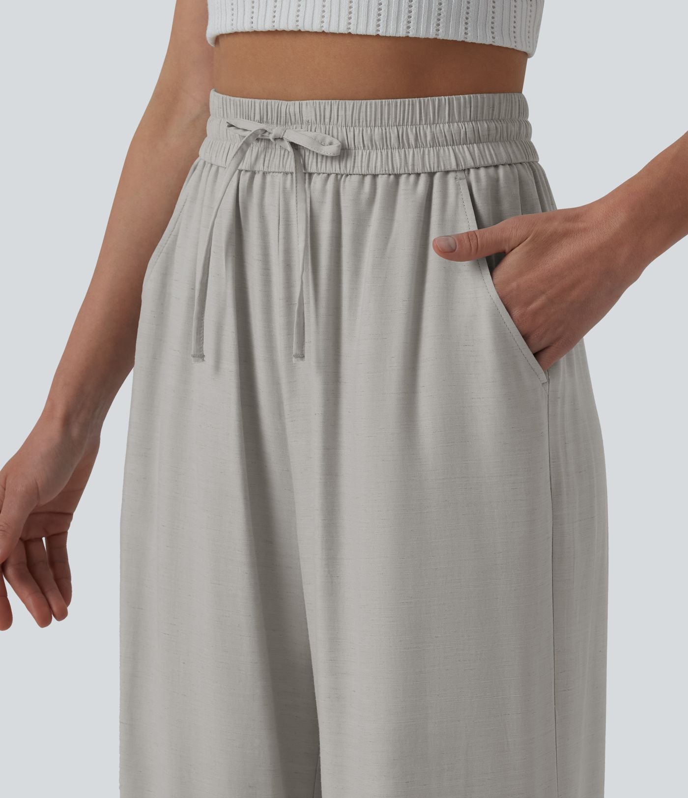 Pantalon casual large mélange lin taille haute avec cordon de serrage et poches