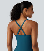 Robe de bain 2-en-1 push-up gainante à encolure Queen Anne avec bretelles ajustables, design torsadé, fronces, ourlet fendu, brassière intégrée et poches