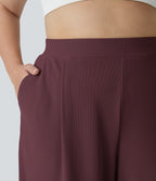 Pantalon de travail grande taille Halara Flex™ à taille haute sculptante et amincissante, poches latérales, jambes larges et tissu micro-gaufré