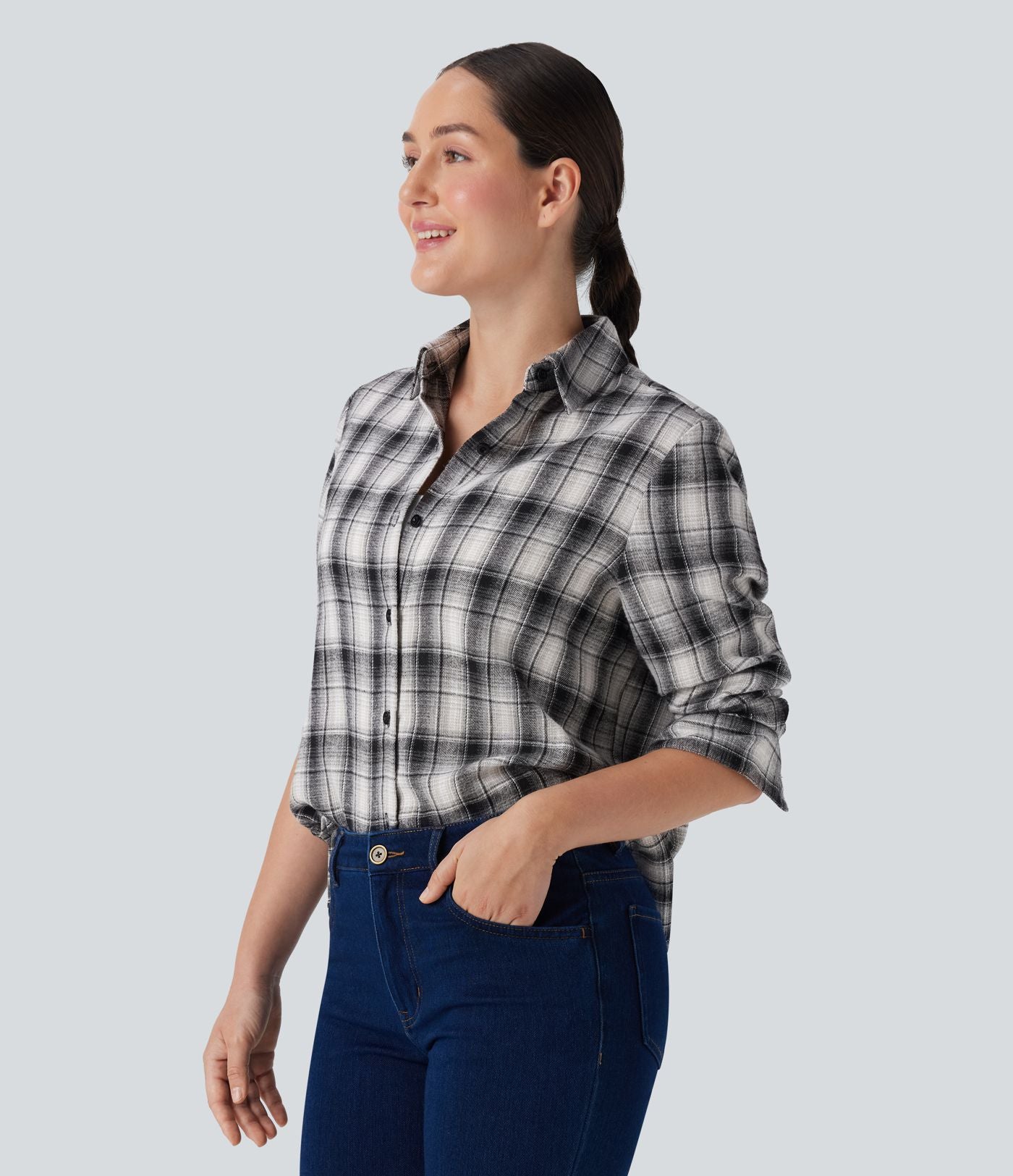 Chemise décontractée à motif écossais avec col, manches longues et boutonnage