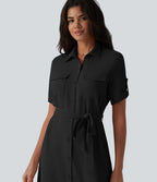 Robe-chemise midi casual à manches courtes aspect lin, ceinturée et avec poches
