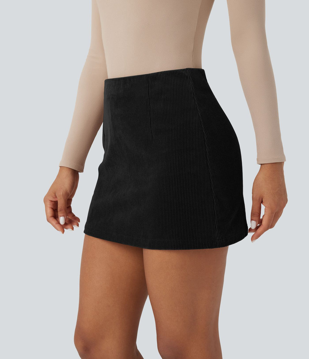 Jupe courte moulante décontractée velours côtelé taille haute gainant effet push-up avec poches