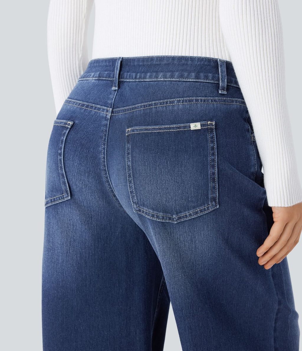 Halara Flex™ Jean Large Casual Taille Basse avec Boutons Zip Multiples Poches Lavés Élastiques et Tricotés