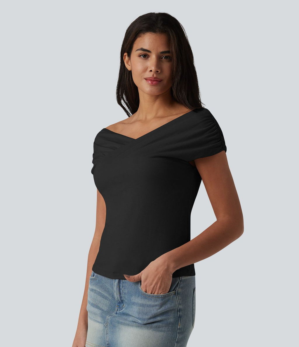 T-shirt casual en maille côtelée à manches courtes avec soutien-gorge intégré