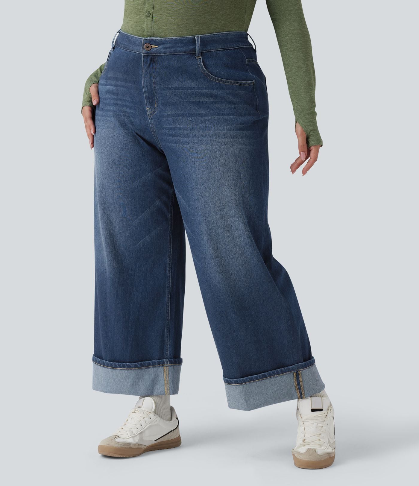 Jean casual grande taille Halara Flex™ tricot extensible délavé taille haute jambe large ourlet roulotté avec poches