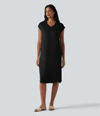 Robe t-shirt casual col V à manches courtes, ceinturée et ourlet arrondi