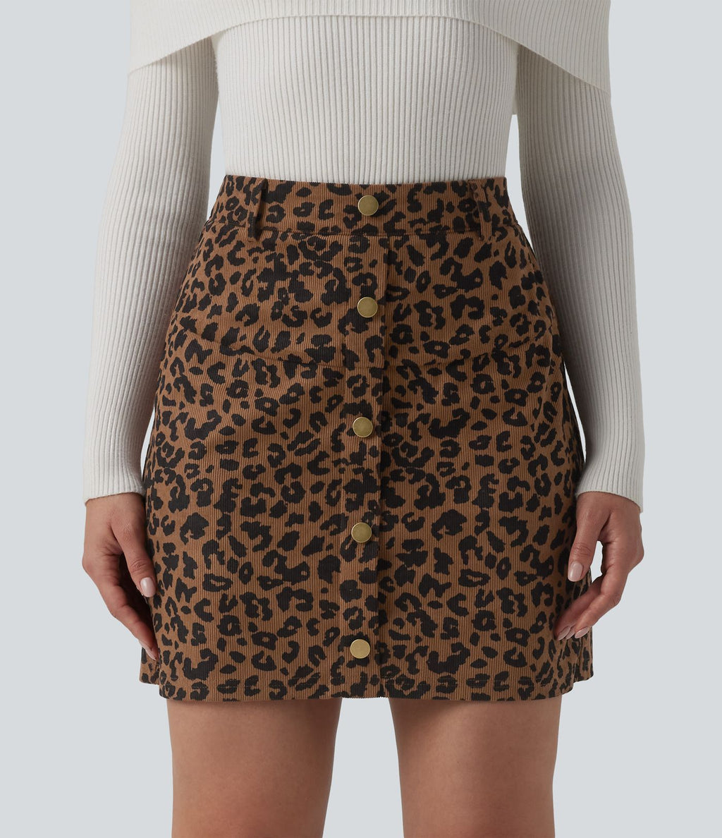 Jupe mini casual 2-en-1 léopard taille haute avec poche — Longueur allongée