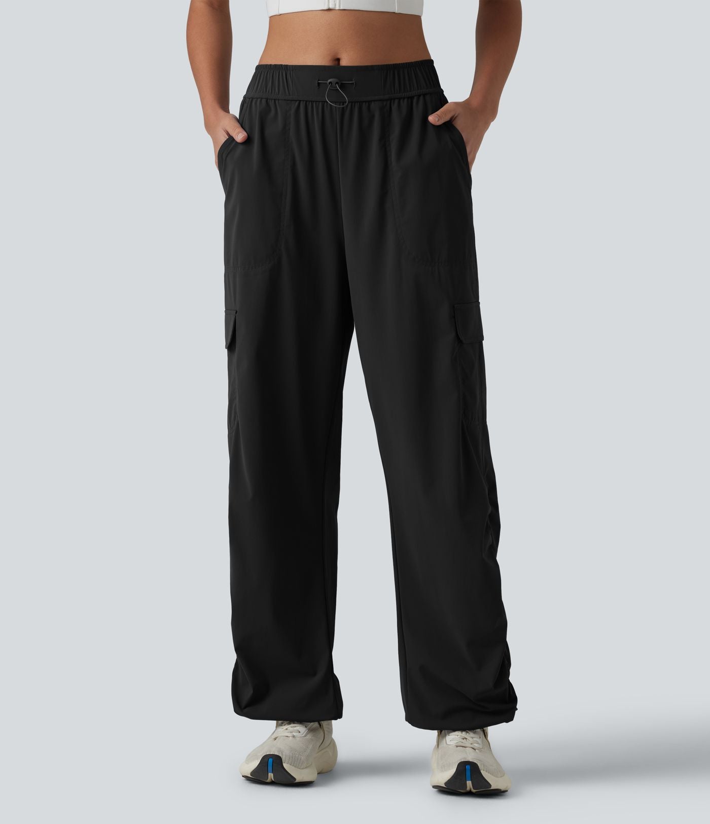 Jogging cargo de course taille mi-haute ajustable avec cordon de serrage, froncé, séchage rapide et poches