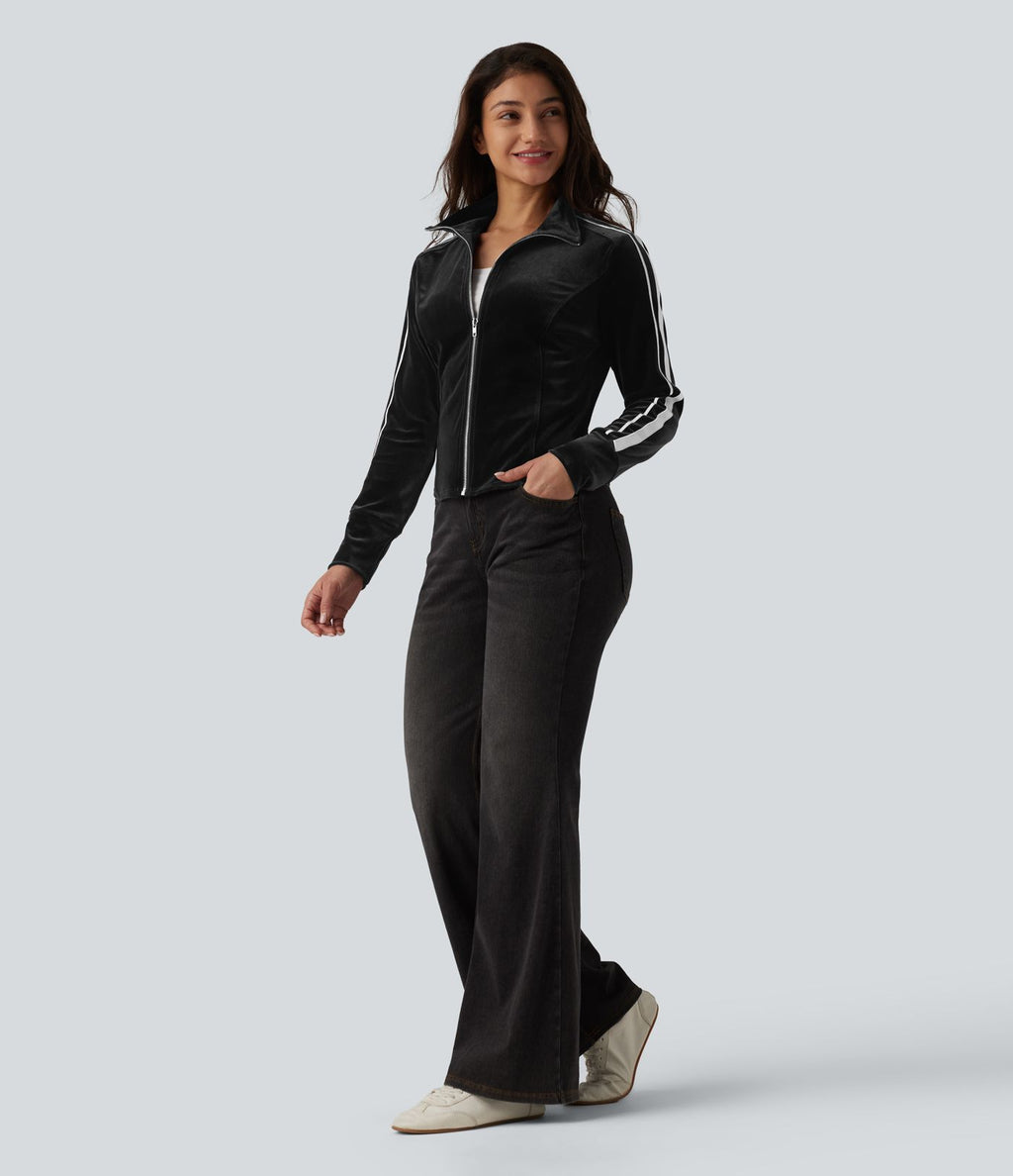 Veste casual en velours à rayures col cheminée et manches longues