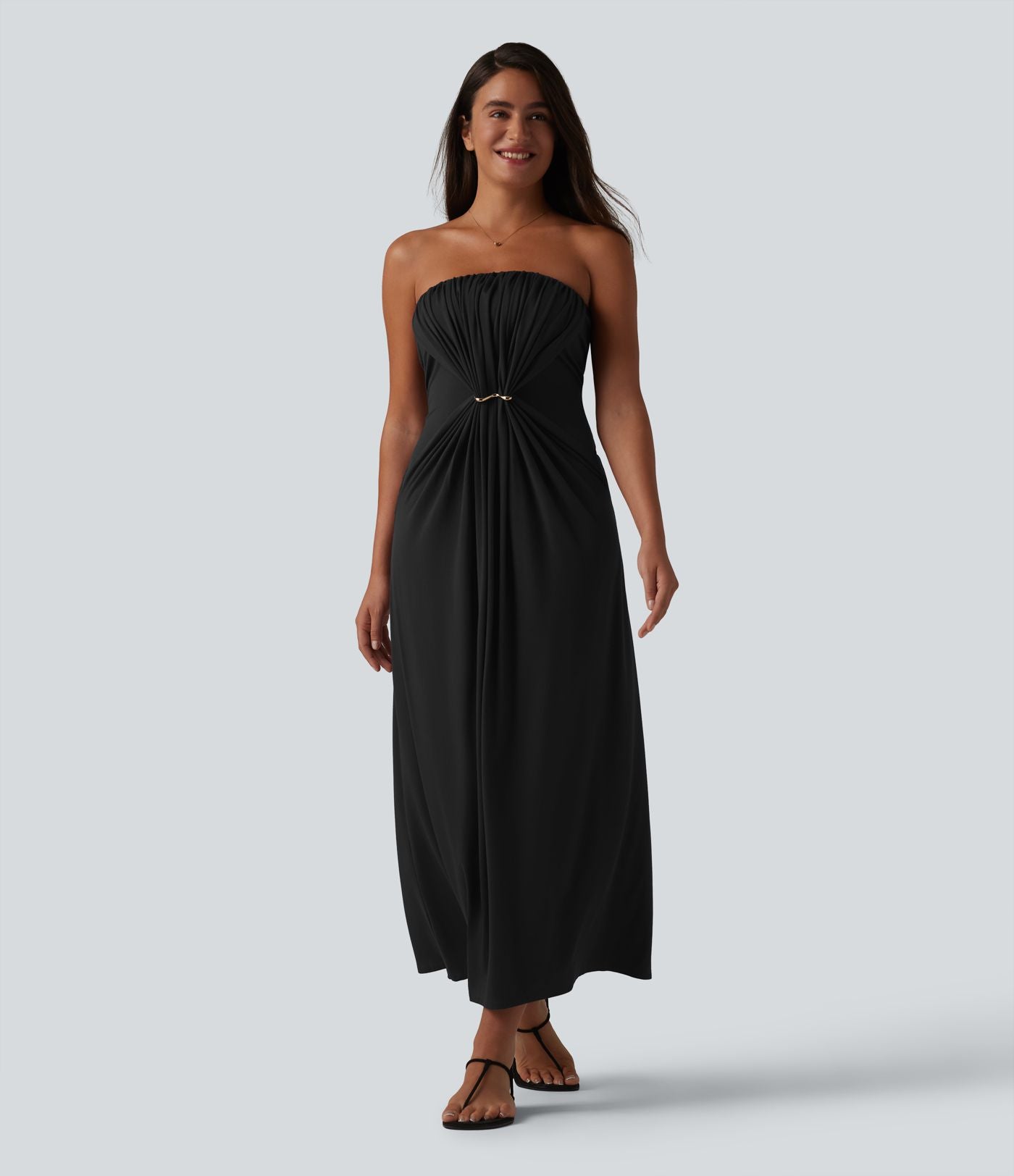 Robe longue casual bustier froncée avec brassière intégrée et poches