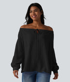 Blouse casual oversize aspect lin à épaules dénudées, lien noué et manches longues