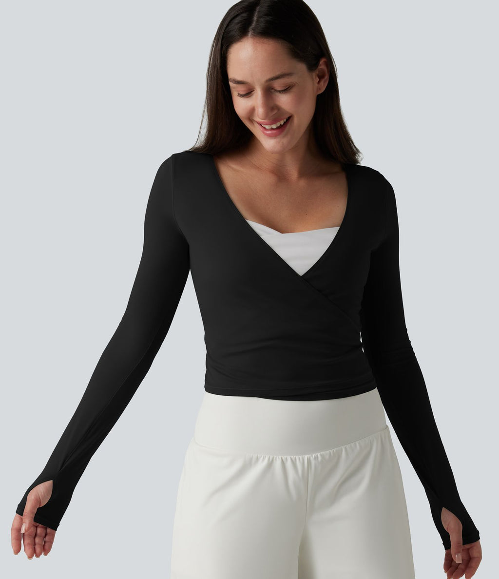 Haut casual SoftlyZero™ cache-cœur à manches longues avec passe-pouces, protection solaire UPF 50+
