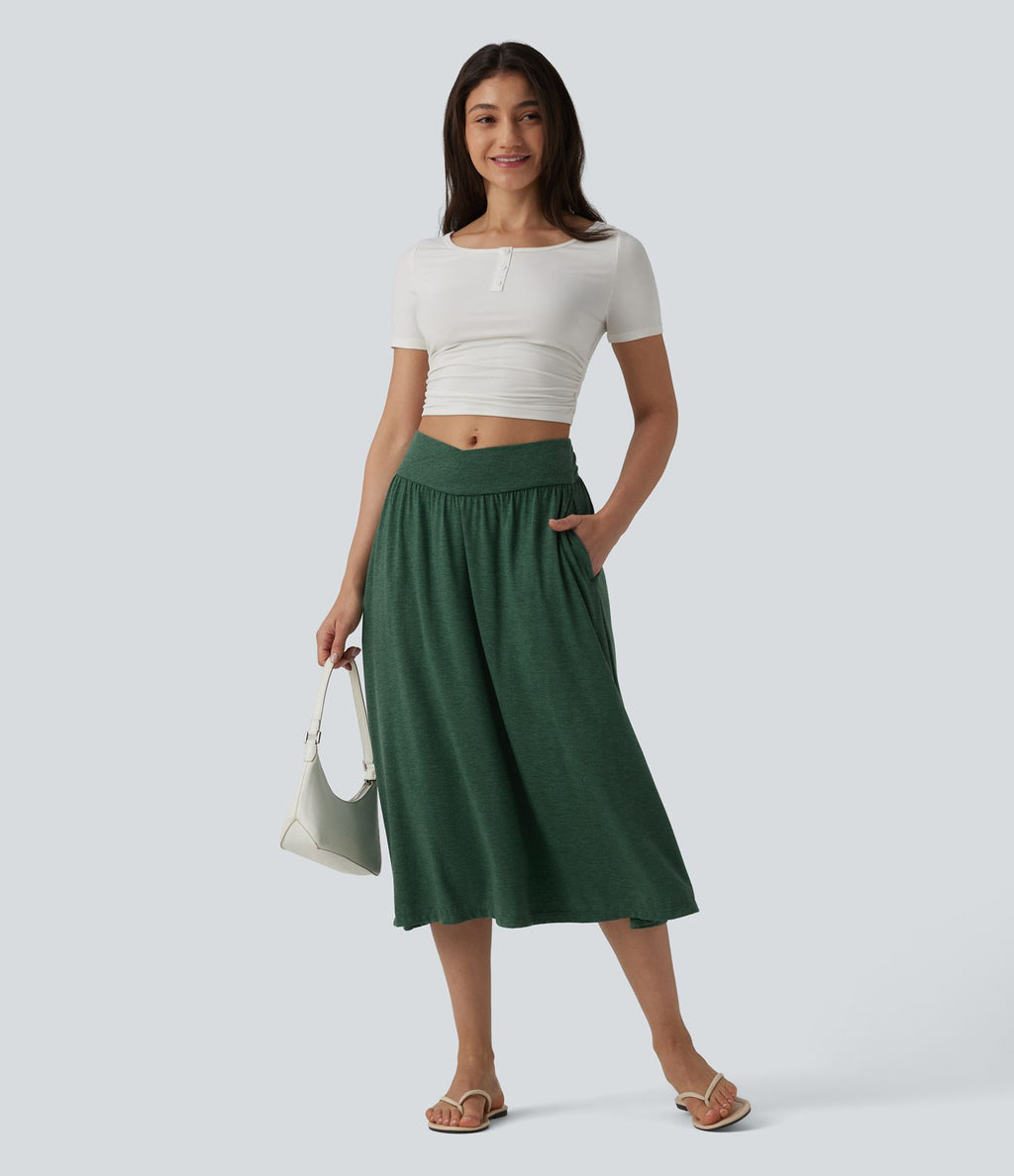 Jupe midi casual fluide croisée taille haute avec poches