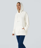 Sweat-shirt décontracté à capuche avec cordon de serrage, manches longues, poche kangourou, coupe croisée et fente