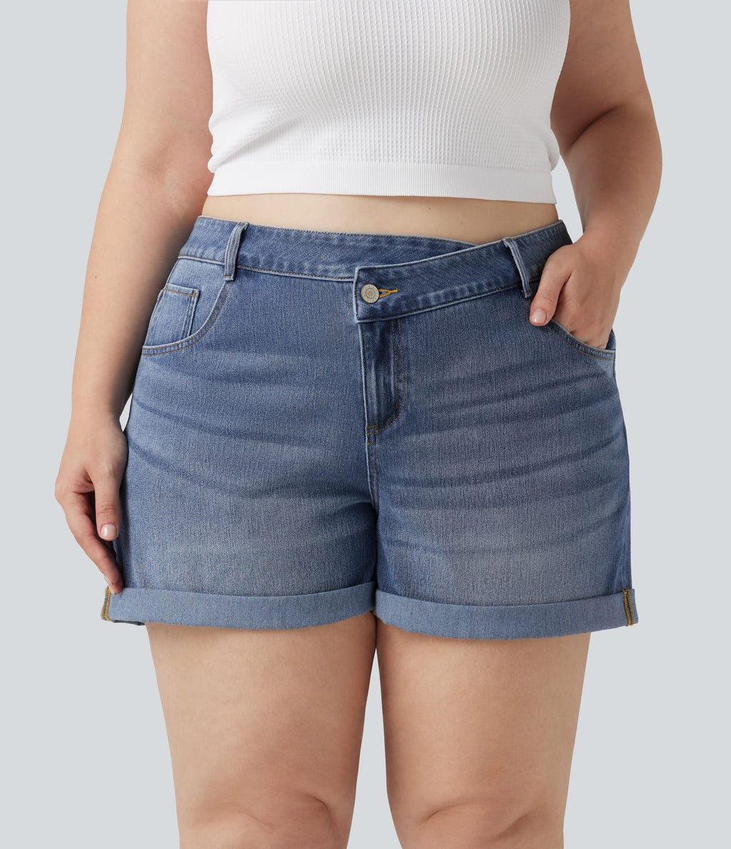 Short grande taille en jean Halara Flex™ délavé taille haute asymétrique avec ourlets retroussés et poches