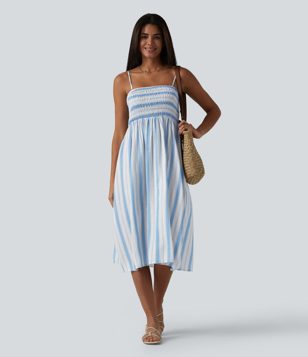 Robe resort aspect lin rayée froncée à bretelles amovibles