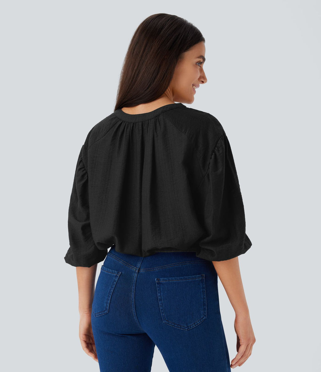 Haut décontracté oversize col V manches bouffantes 3/4