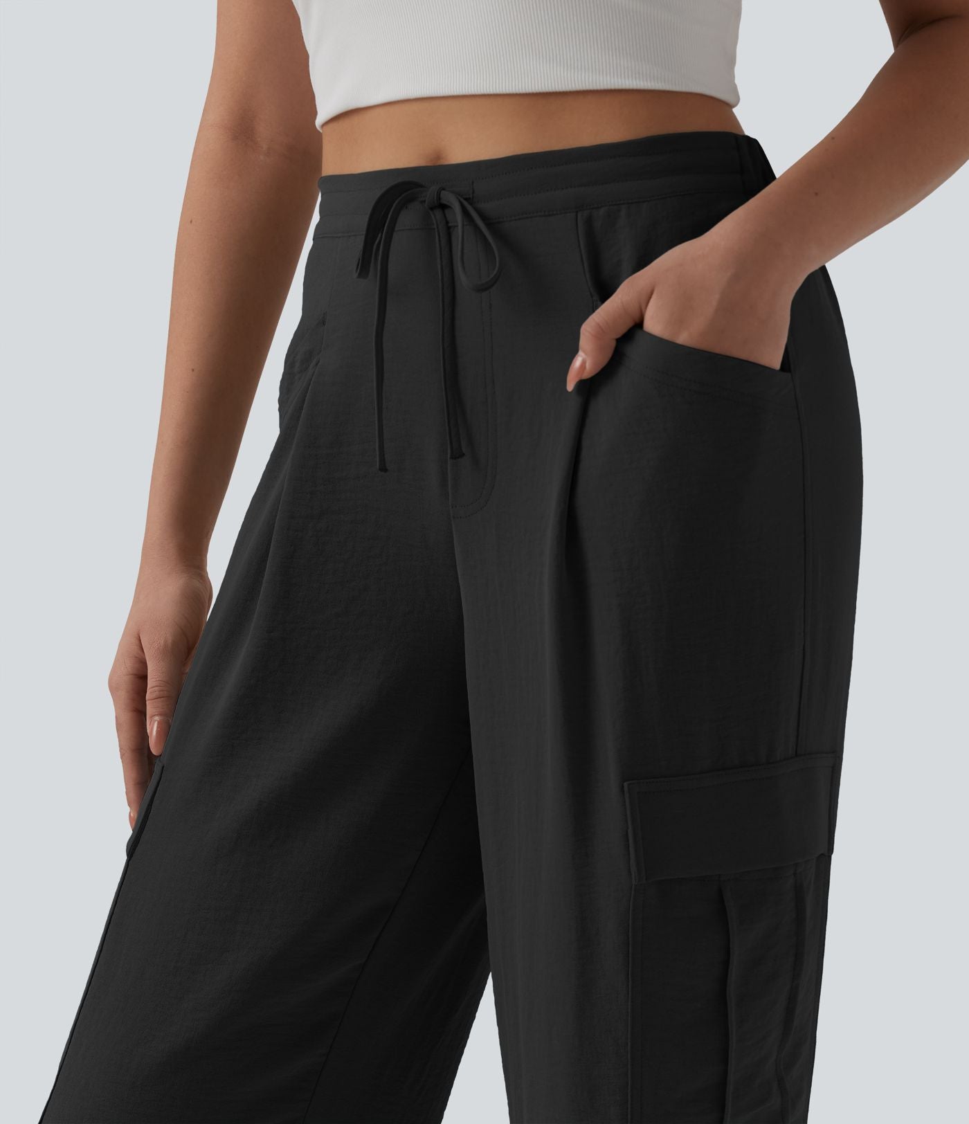 Pantalon cargo casual coupe droite taille mi-haute aspect lin à cordon de serrage avec poches
