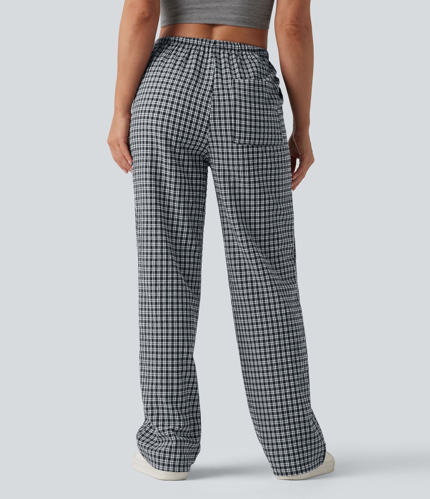 Pantalon casual coupe droite taille mi-haute vichy à cordon de serrage avec poches