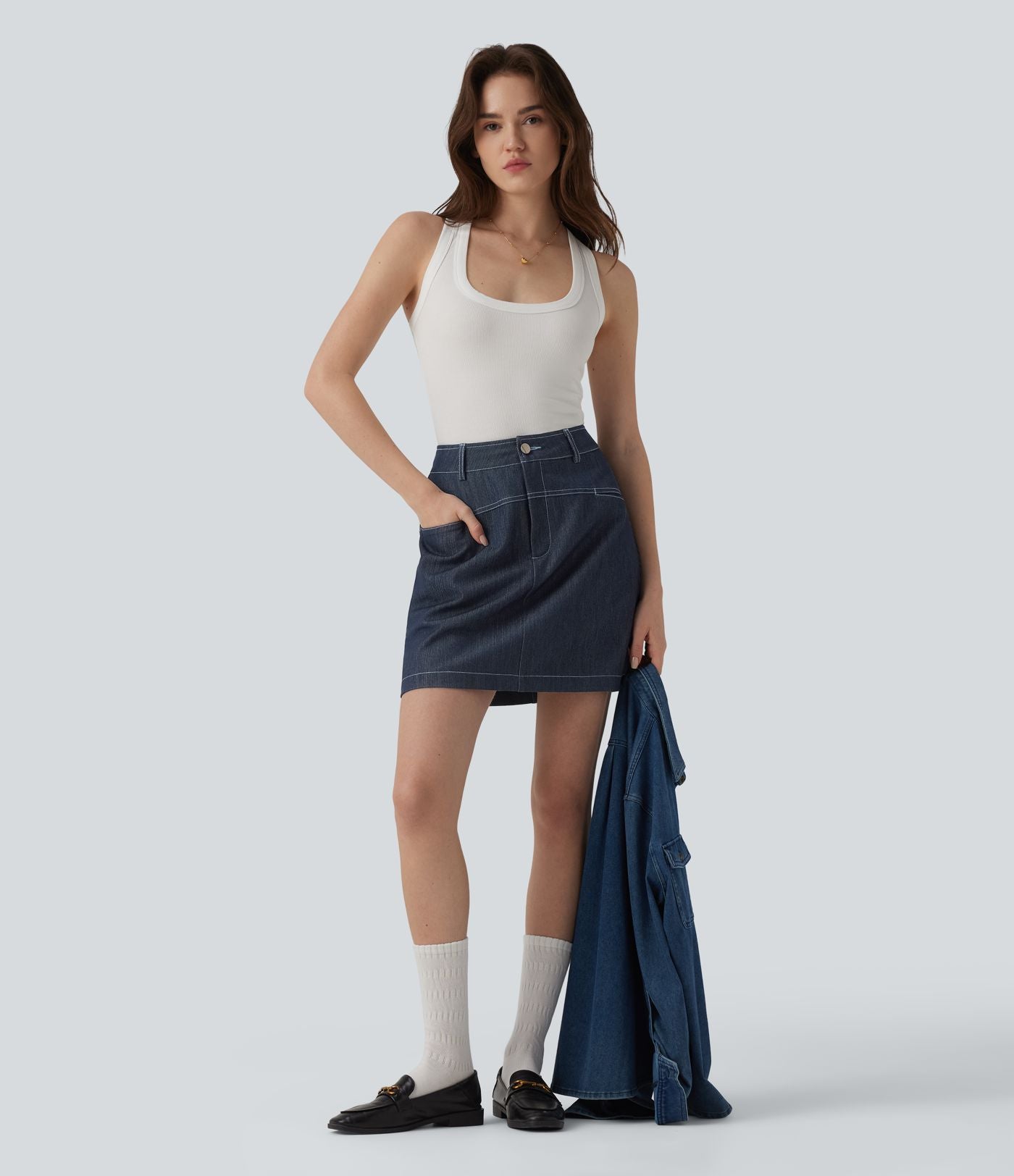 Jupe mini évasée casual 2-en-1 aspect denim taille haute avec poches