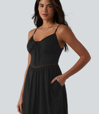Robe nuisette midi aspect lin avec nœud devant, découpes et poches