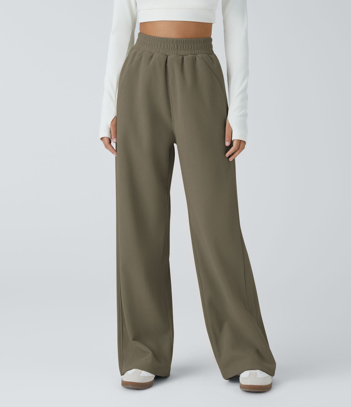 Pantalon velours côtelé de jogging décontracté à taille haute avec poches latérales