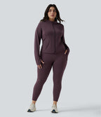SoftlyZero™ Veste de randonnée grande taille ajustée zippée plissée à col montant avec passants pouces et poches - UPF50+