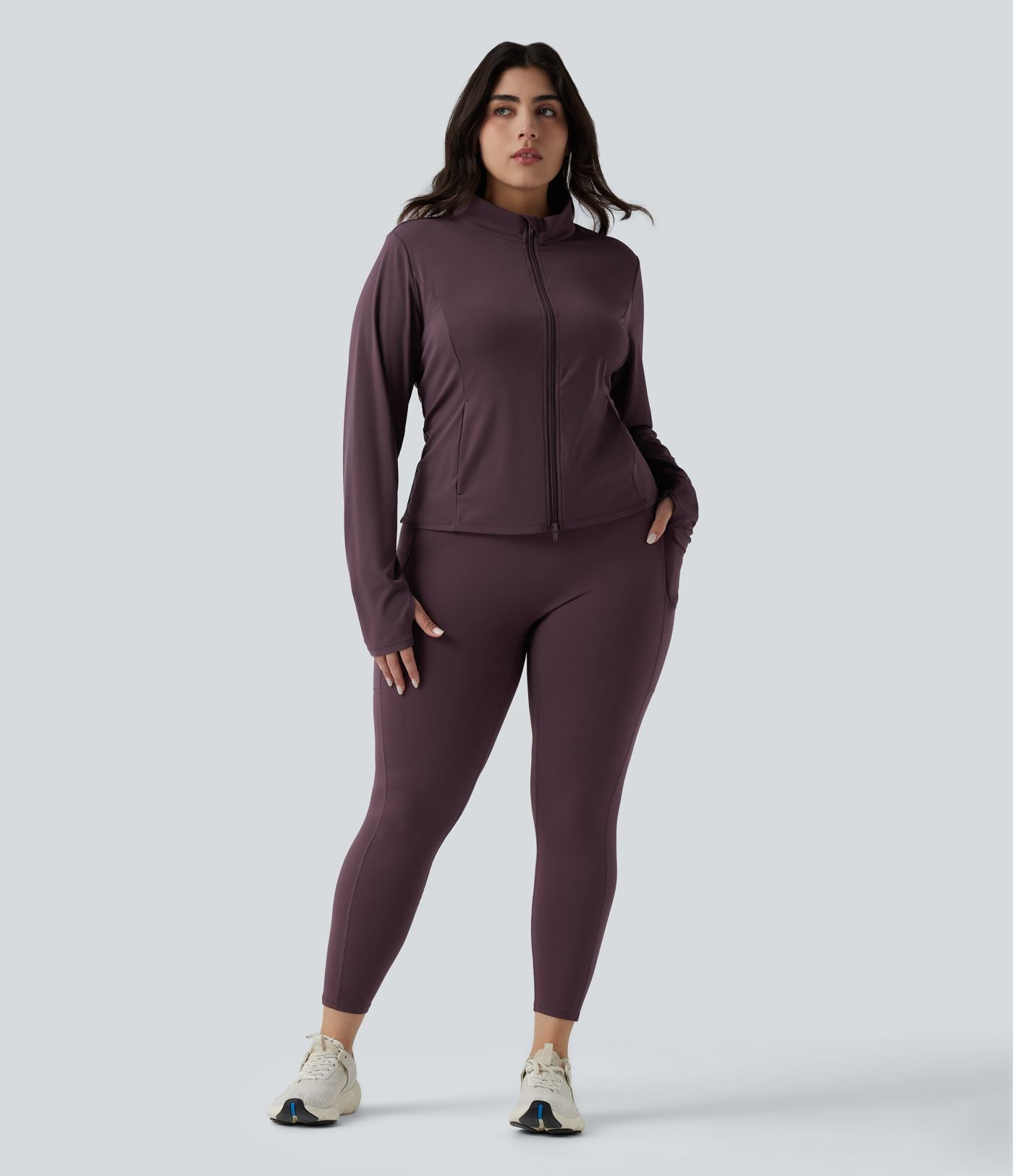 SoftlyZero™ Veste de randonnée grande taille ajustée zippée plissée à col montant avec passants pouces et poches - UPF50+