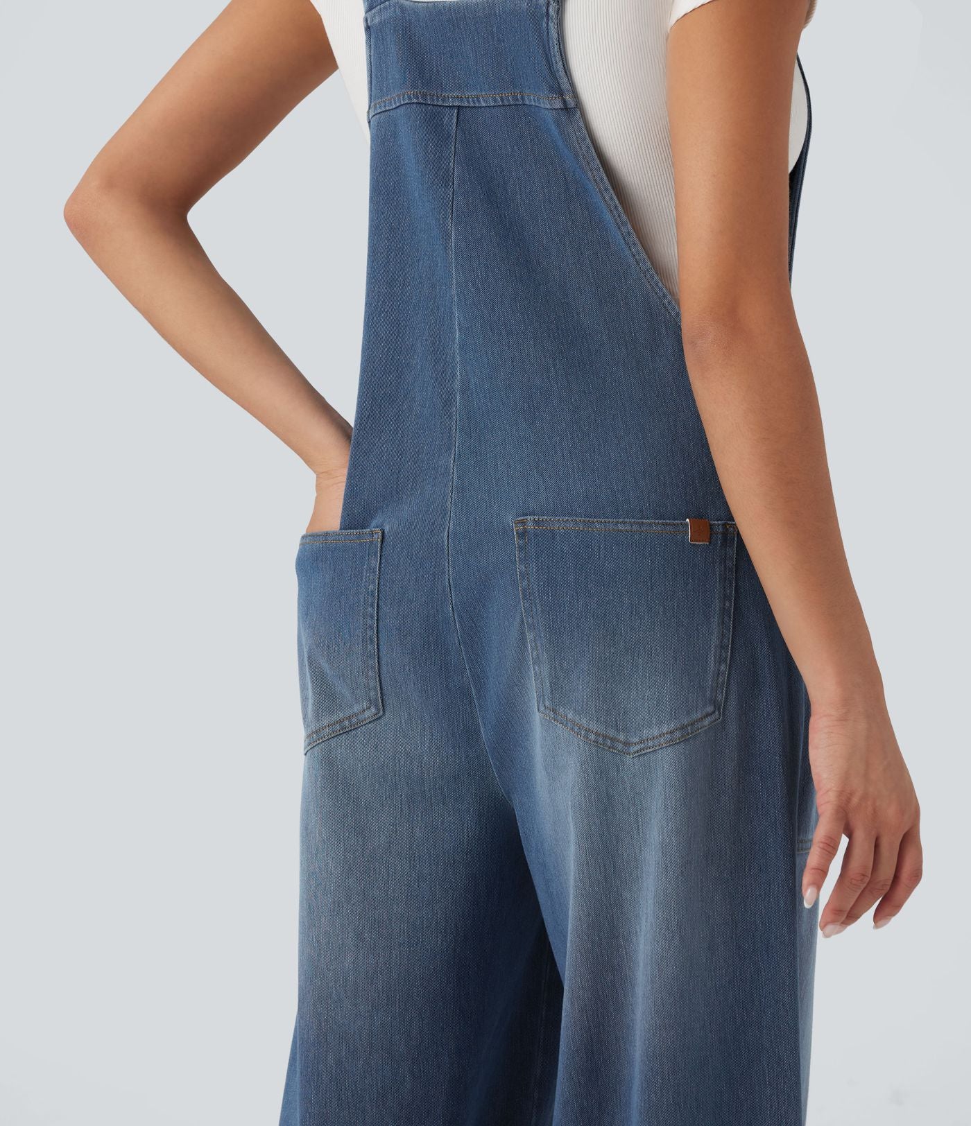 Salopette denim Halara Flex™ col carré effet délavé avec poches