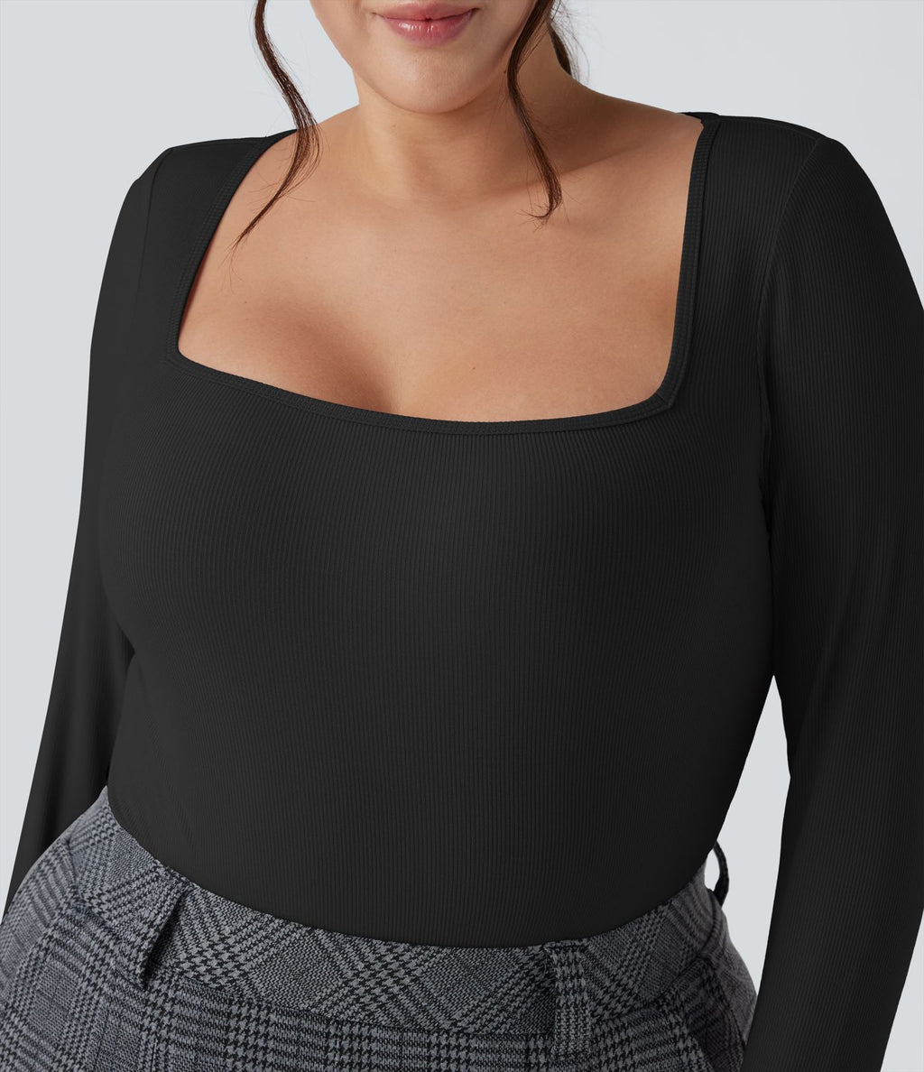 Body grande taille maille côtelée col carré manches longues ajusté