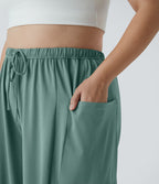 Pantalon Large Casual Taille Mi-Haute Taille Élastique Cordon Poches Latérales Ourlet Flottant Grande Taille