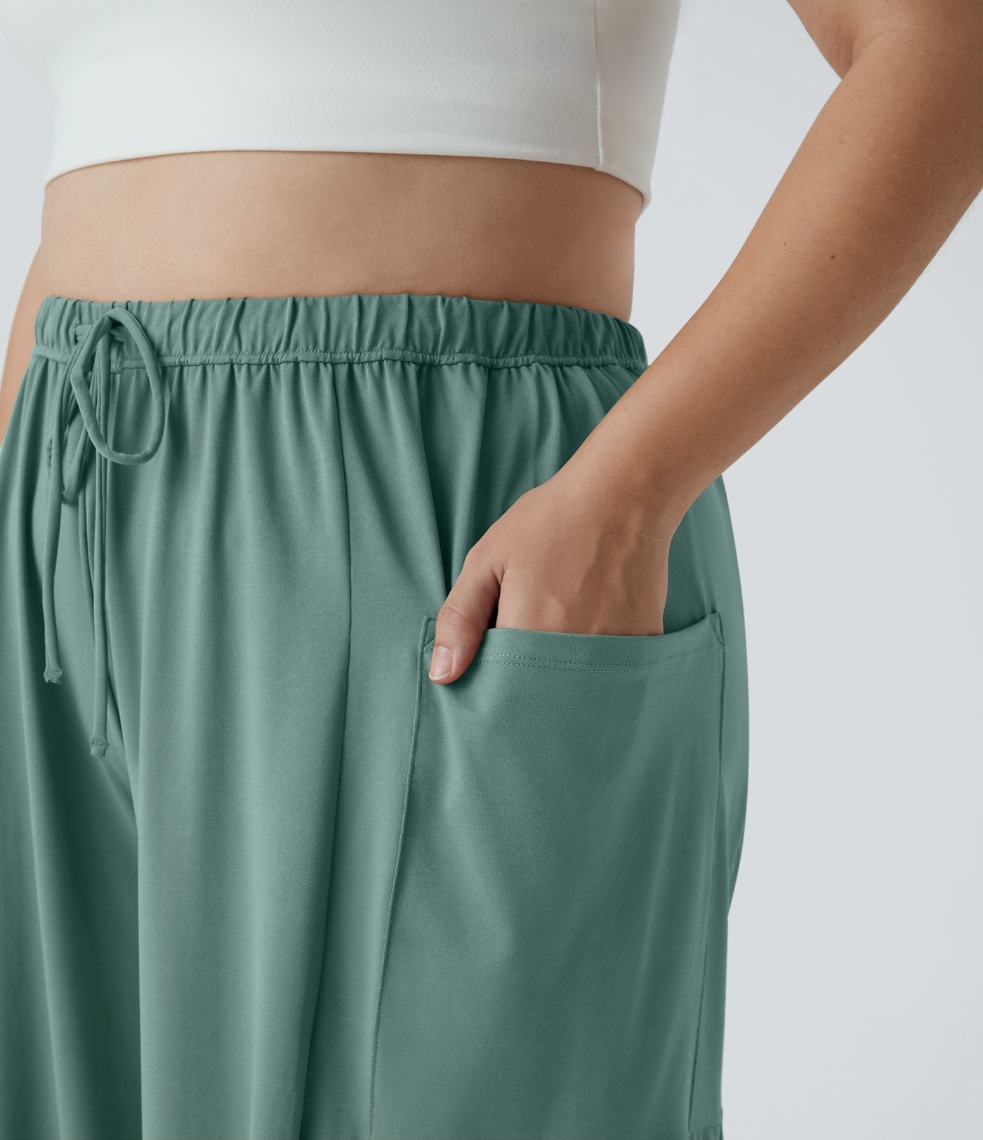 Pantalon Large Casual Taille Mi-Haute Taille Élastique Cordon Poches Latérales Ourlet Flottant Grande Taille