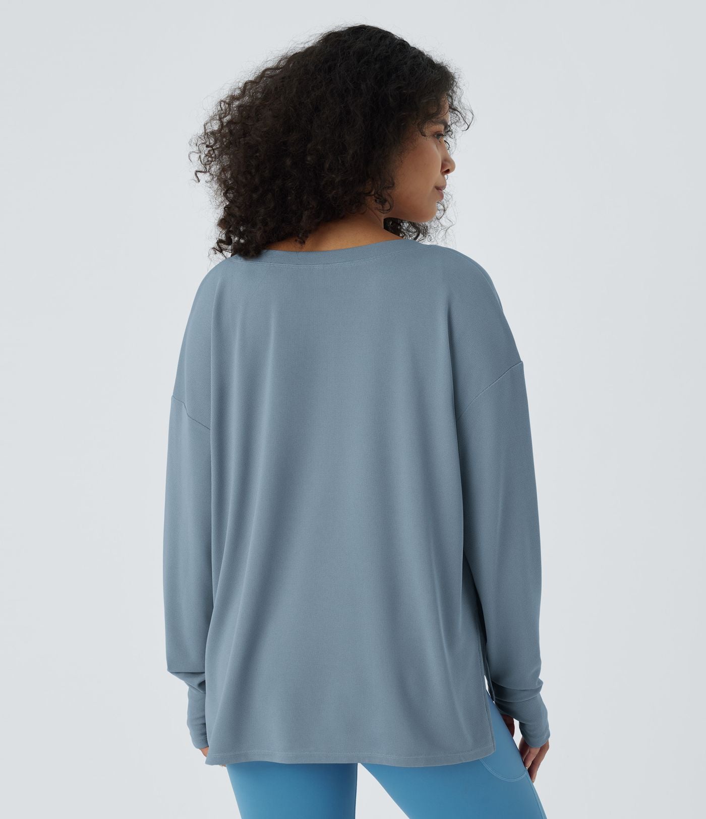 Sweatshirt Casual Waffle à Boutons Devant avec Trou Pouce et Fente