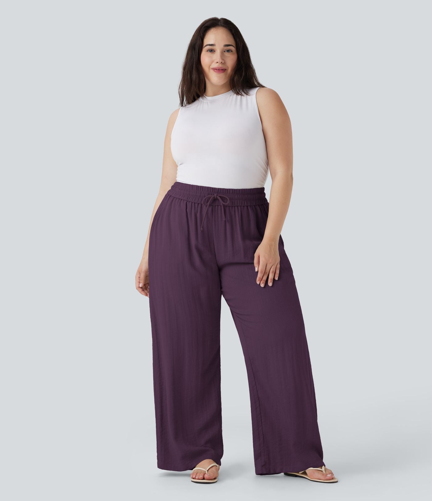Pantalon décontracté grande taille large fluide taille haute effet lin avec cordon de serrage et poches