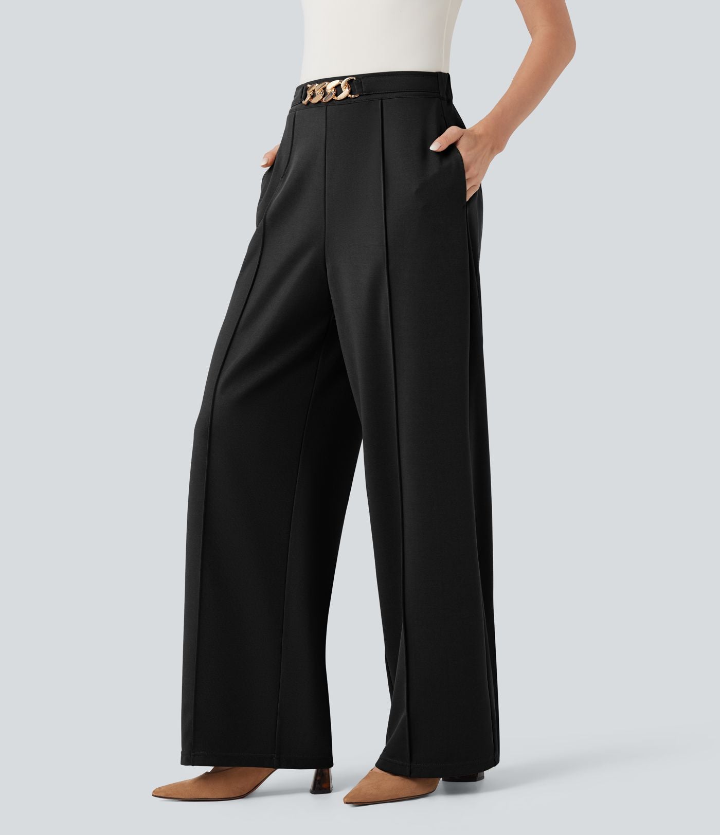 Pantalon de travail coupe droite taille haute avec chaîne métallique avec poches