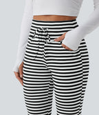 Pantalon évasé décontracté taille haute gainant à rayures en tissu gaufré avec cordon de serrage et poches