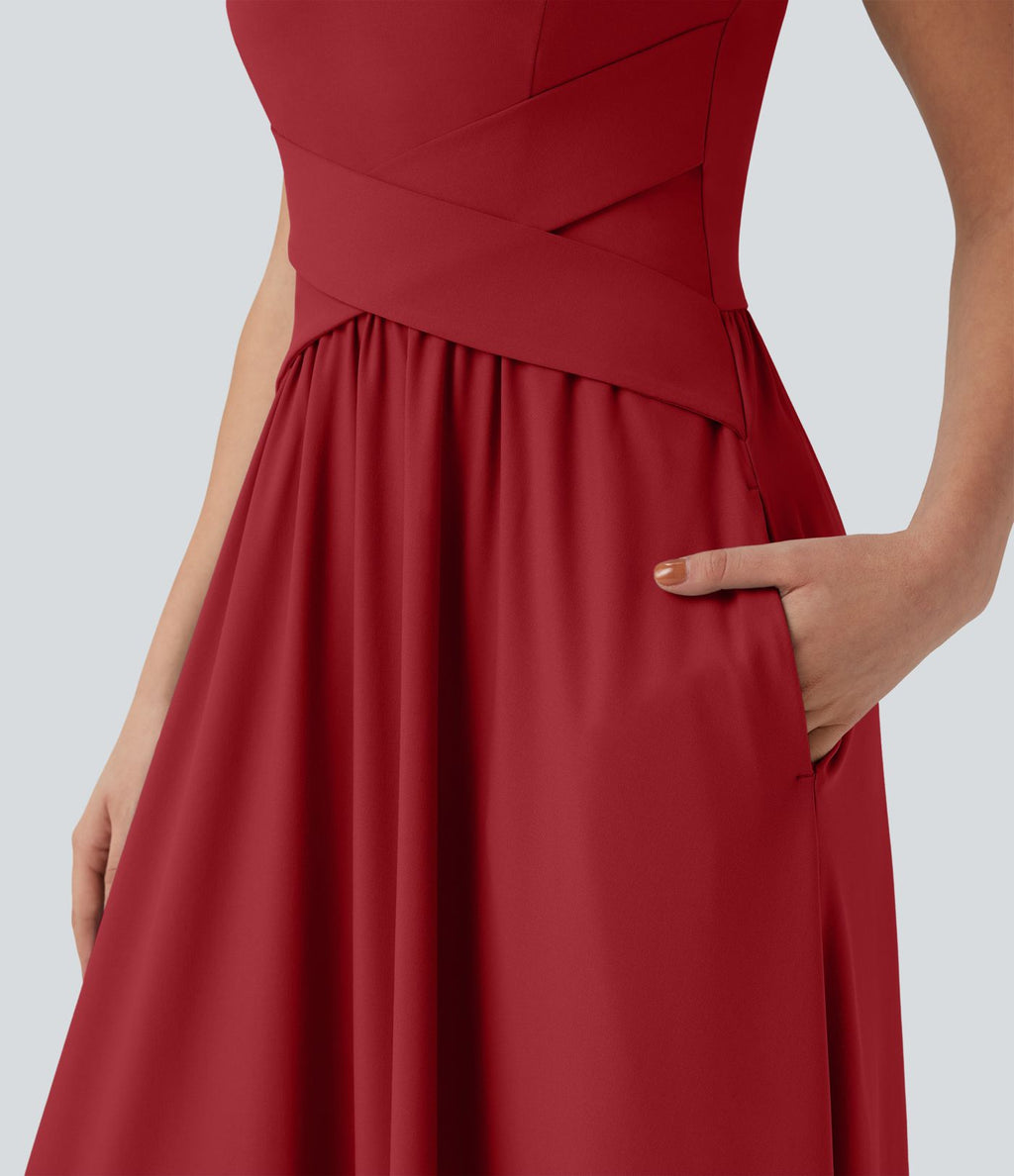 Robe maxi fluide dos nu, avec brassière intégrée et poches