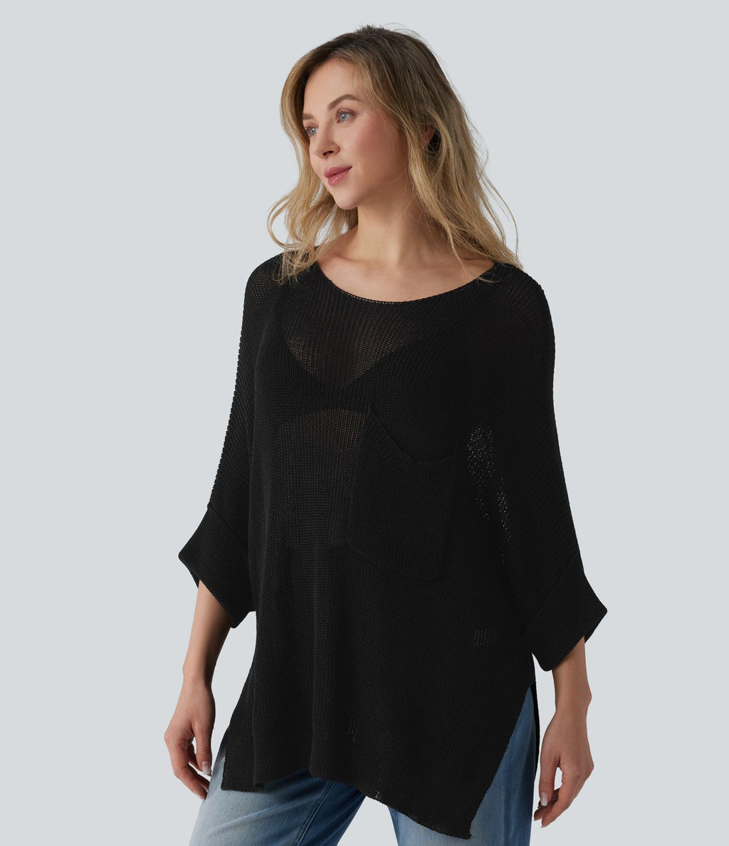Pull décontracté oversize asymétrique demi-manches ourlet fendu avec poche