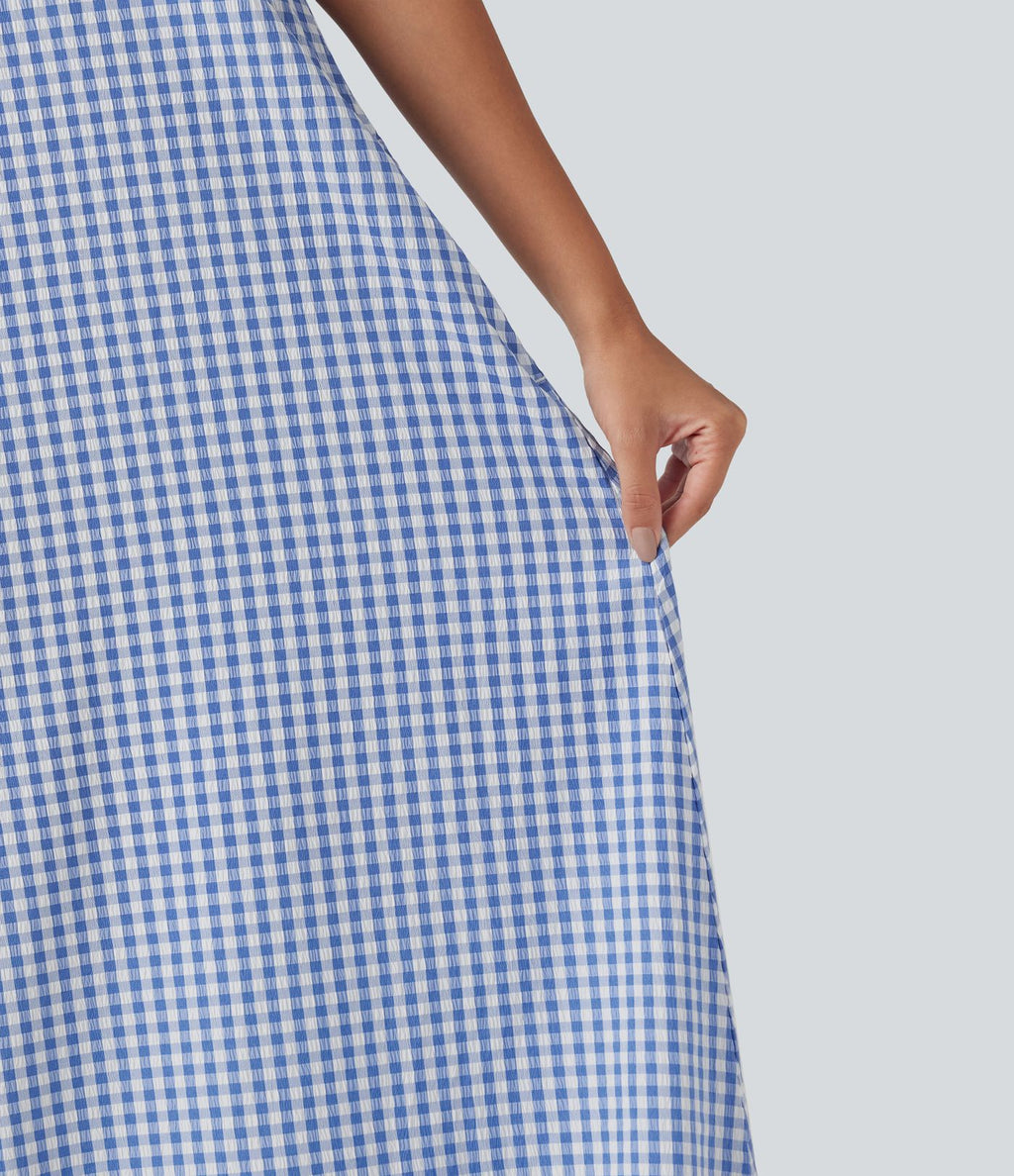 Robe débardeur midi décontractée col rond sans manches en vichy froissé avec poches