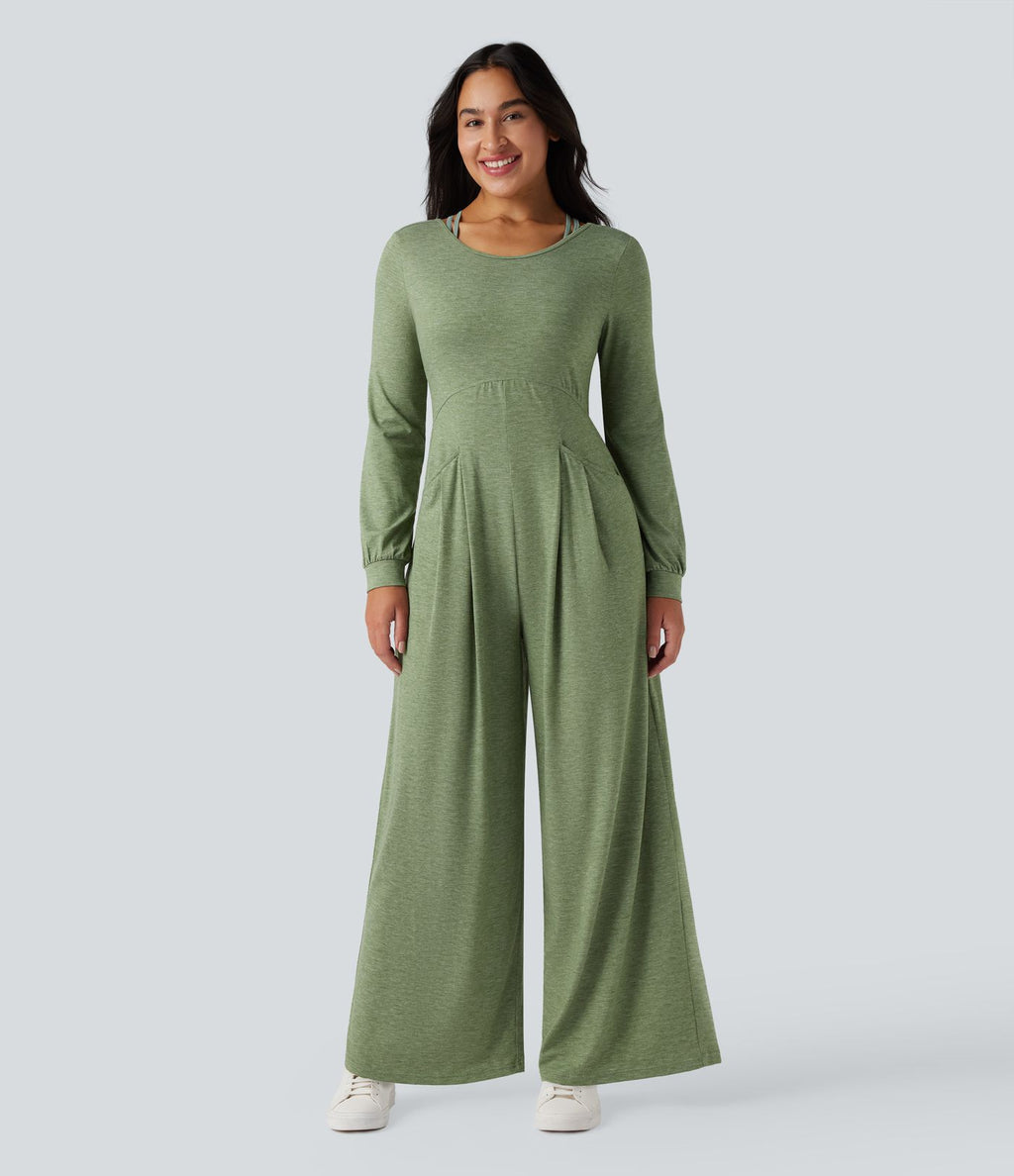 Combinaison-pantalon ample décontractée dos nu col rond à manches longues avec poches