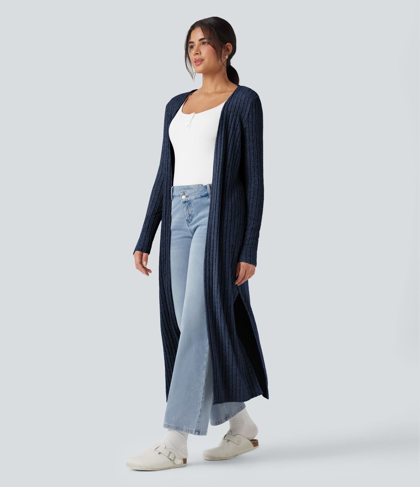 Manteau long décontracté maille côtelée manches longues avec fente