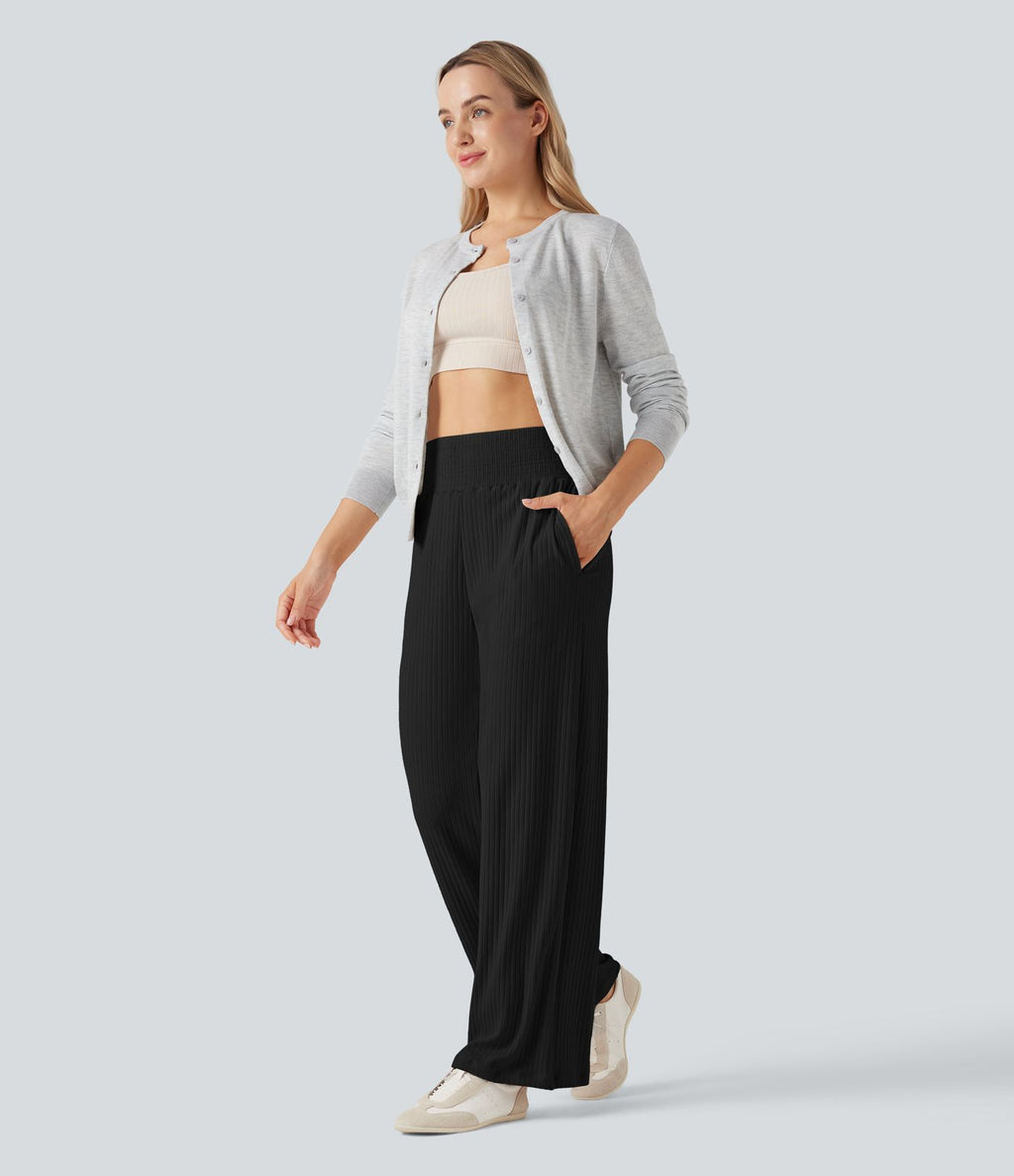Pantalon décontracté maille côtelée taille haute avec poches