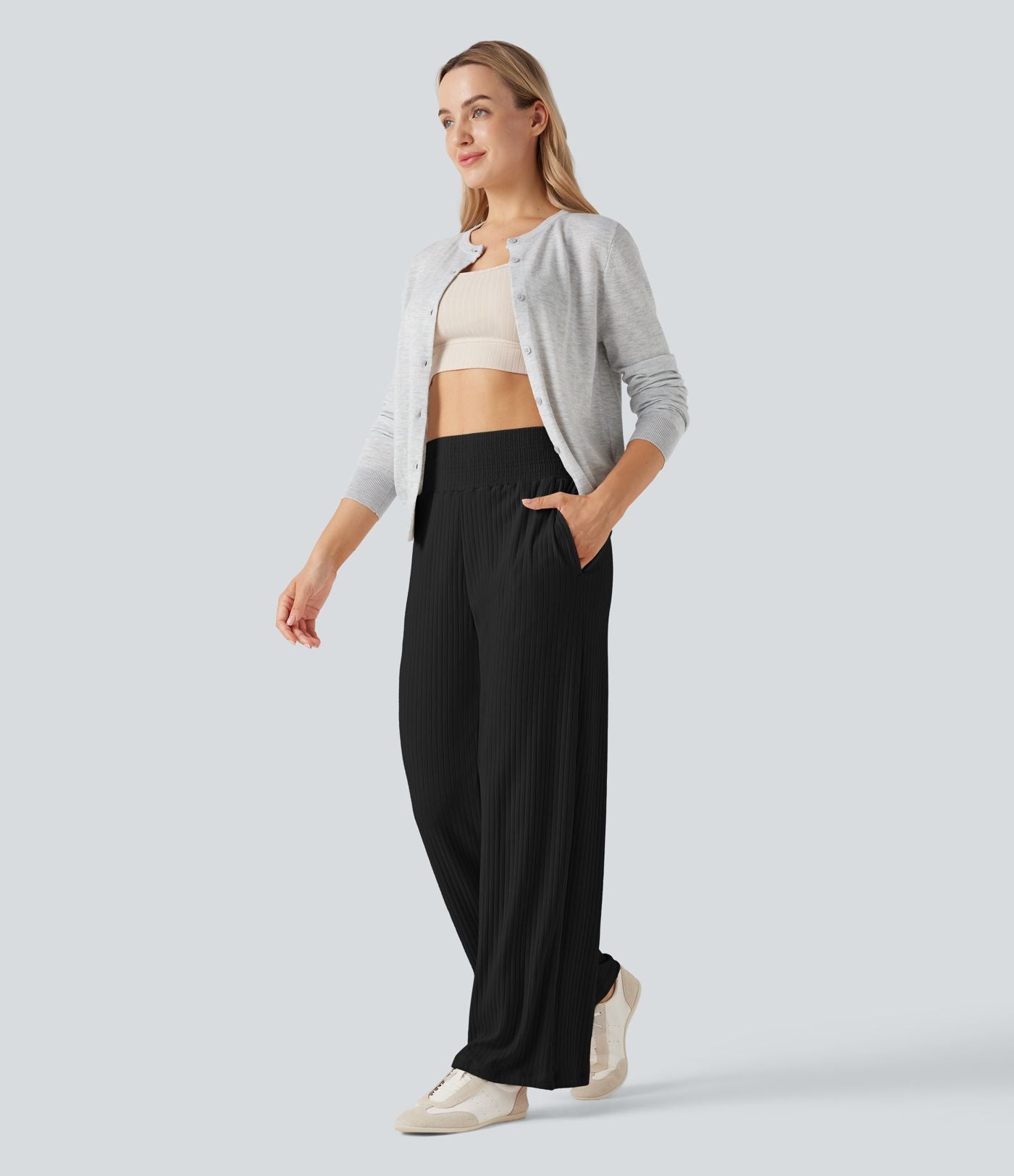 Pantalon décontracté maille côtelée taille haute avec poches